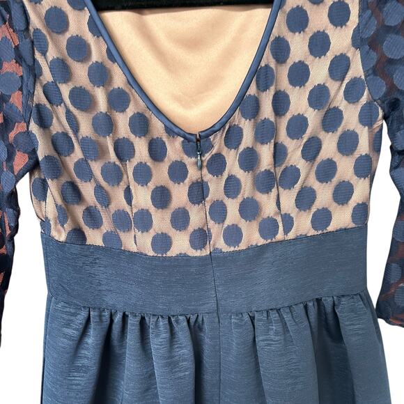 Eliza J Women's Navy Blue Polka Dot Mesh Bodice Dress 3/4 Sleeve Size 2 - Picture 7 of 10